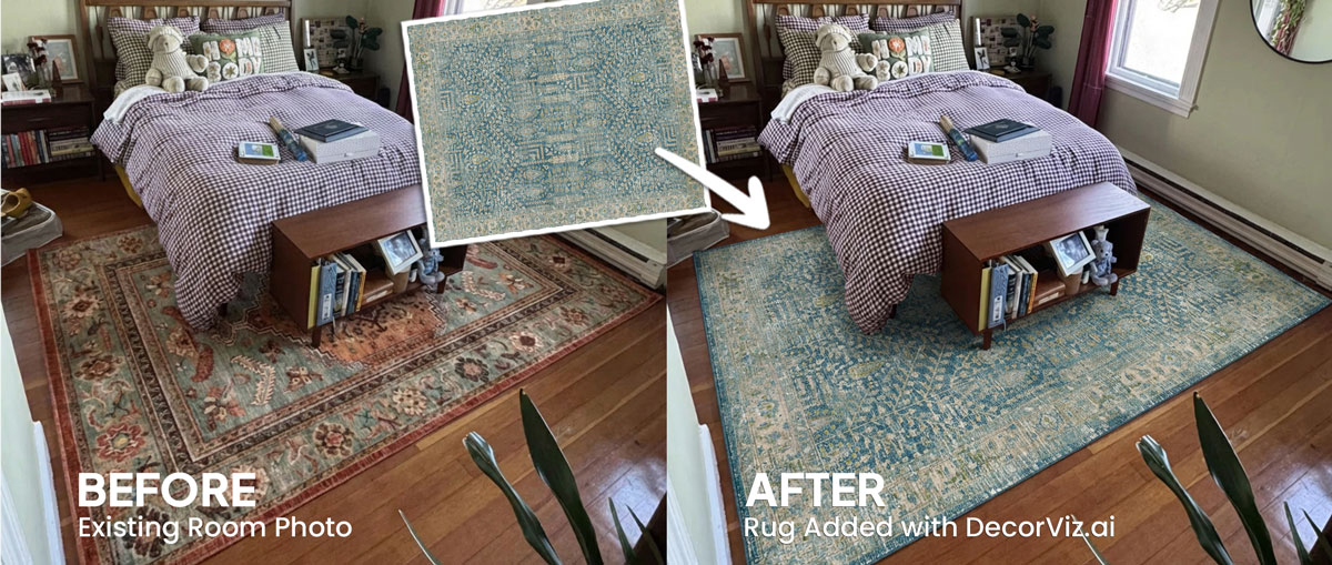 Rug visualized beneath a bed in a bedroom