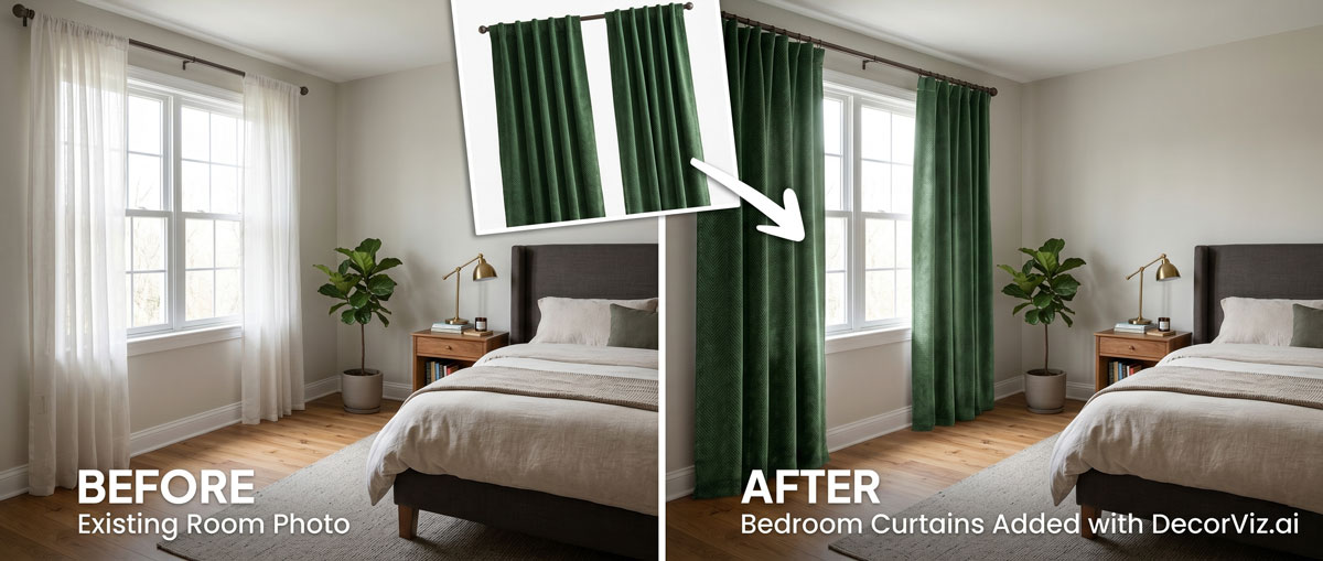 Bedroom curtain visualizer showing curtains previewed against windows in a real bedroom