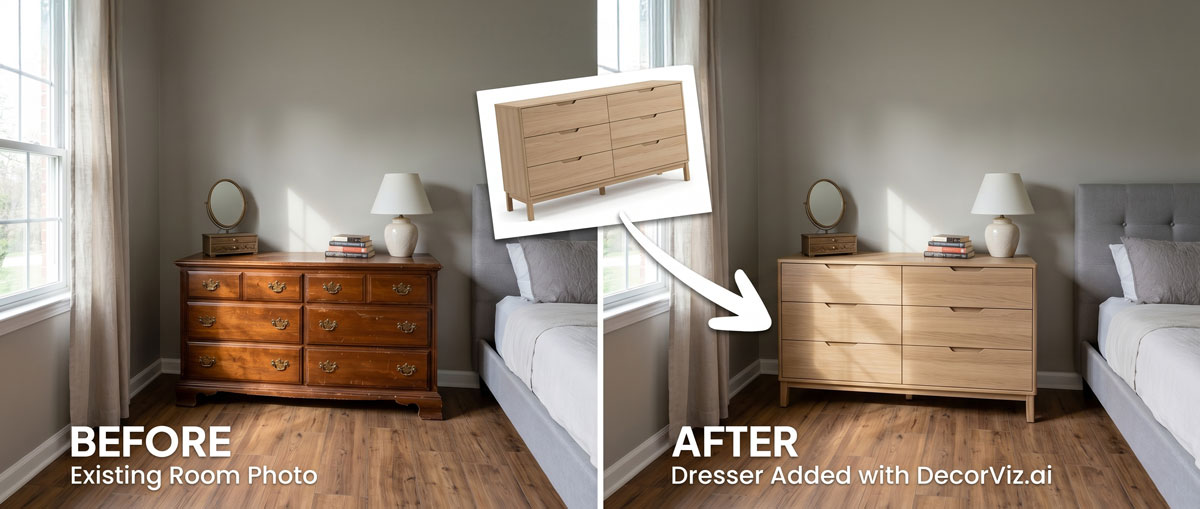 Schlafzimmer-Kommode-Visualisierer zeigt Möbelplatzierung in einem echten Schlafzimmer