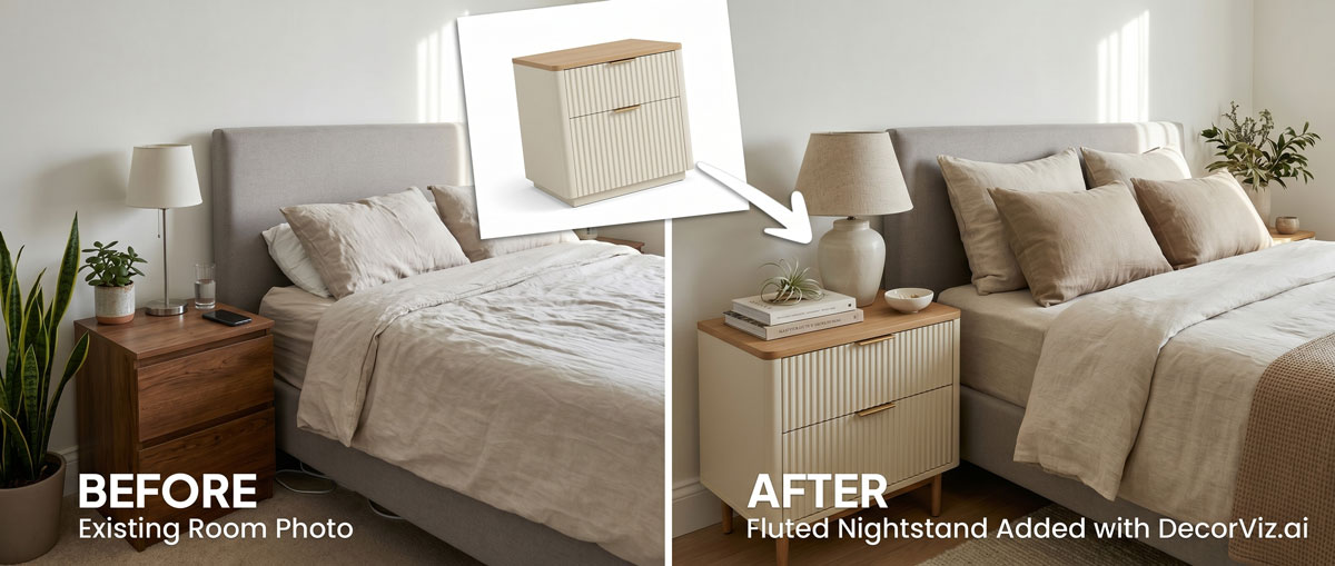 Schlafzimmer-Nachttisch-Visualisierer zeigt einen Nachttisch in einem echten Schlafzimmer
