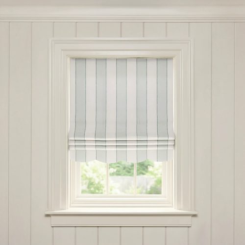 White and eucalyptus striped linen Roman shade