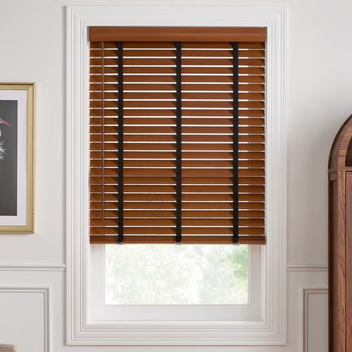 Honey faux wood Venetian blinds with black ladder tapes