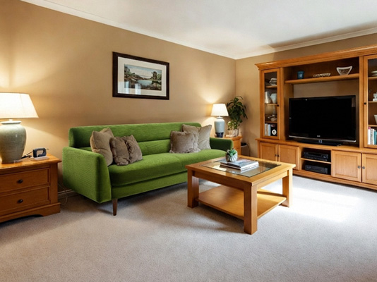 Living room with green sofa placed