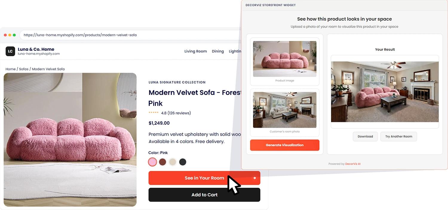 Shopify-Produktseite neben dem DecorViz-Widget mit Produktfoto, Raumfoto des Kunden und generierter Raumvorschau