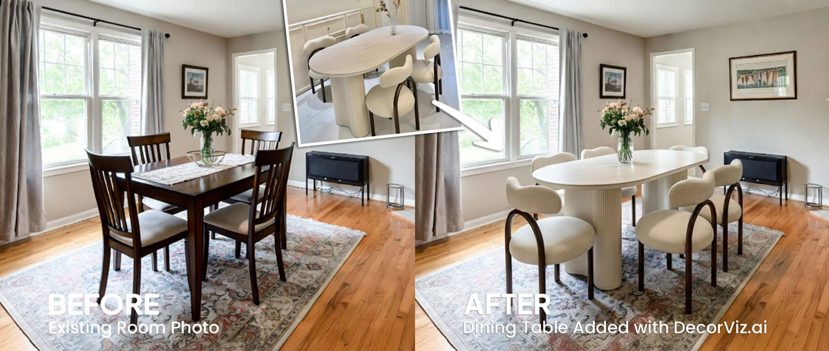 Dining room table visualizer showing a dining table previewed in a real dining room