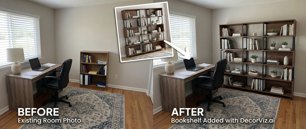 Home office bookshelf visualized in a home office