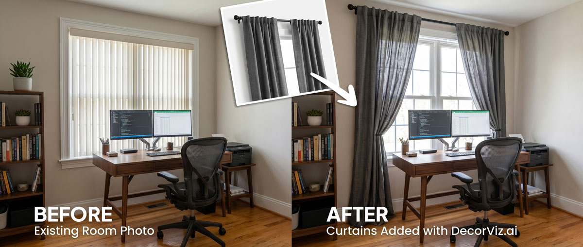 Home office curtain visualizer showing curtains previewed against windows in a real home office