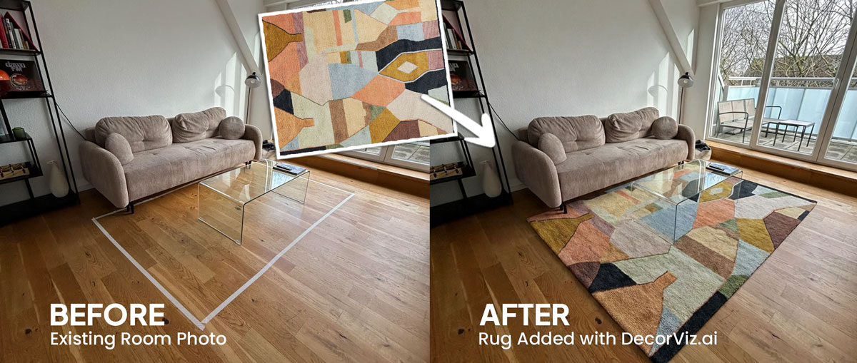 Rug visualized beneath a sofa in a living room