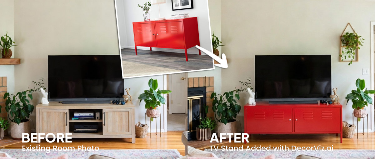Living room TV stand visualizer showing a media console in a real living room