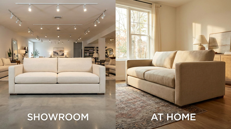 Sofa in showroom vs home lighting comparison