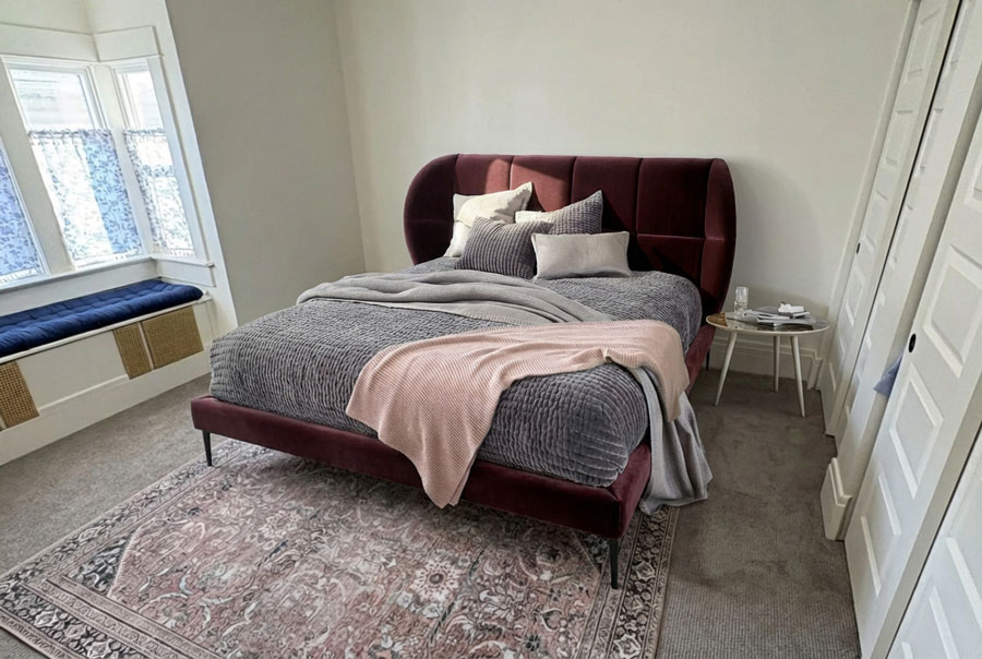 DecorViz KI Bett-Vorschau in einem Heimschlafzimmer