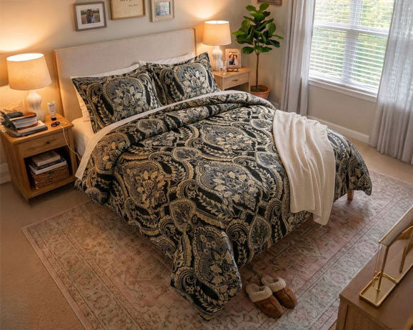 Bedding color visualized in actual bedroom with DecorViz
