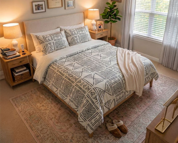 Duvet cover preview in real bedroom using AI visualization