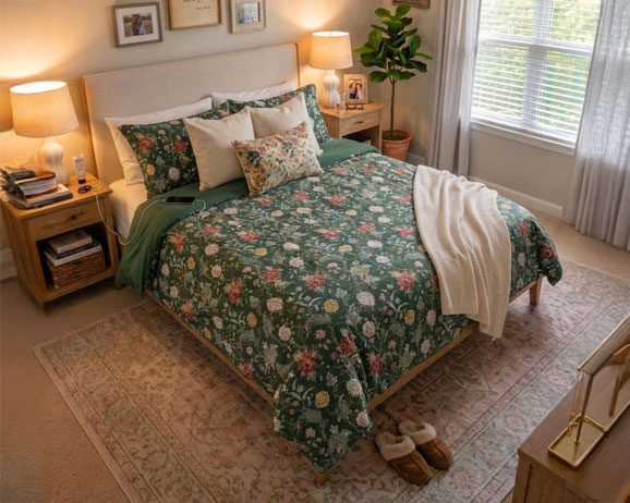 Comforter and bedding set visualized in bedroom before buying