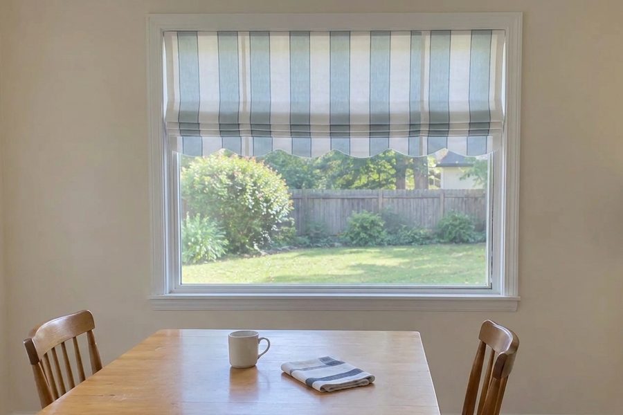 Striped linen Roman shade visualized on the same breakfast nook window