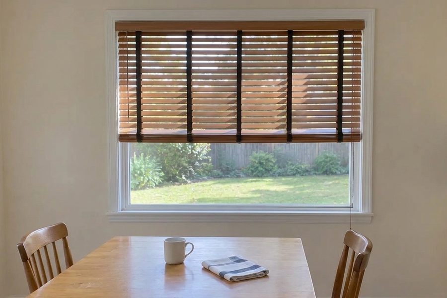 Honey faux wood Venetian blinds visualized on the same breakfast nook window