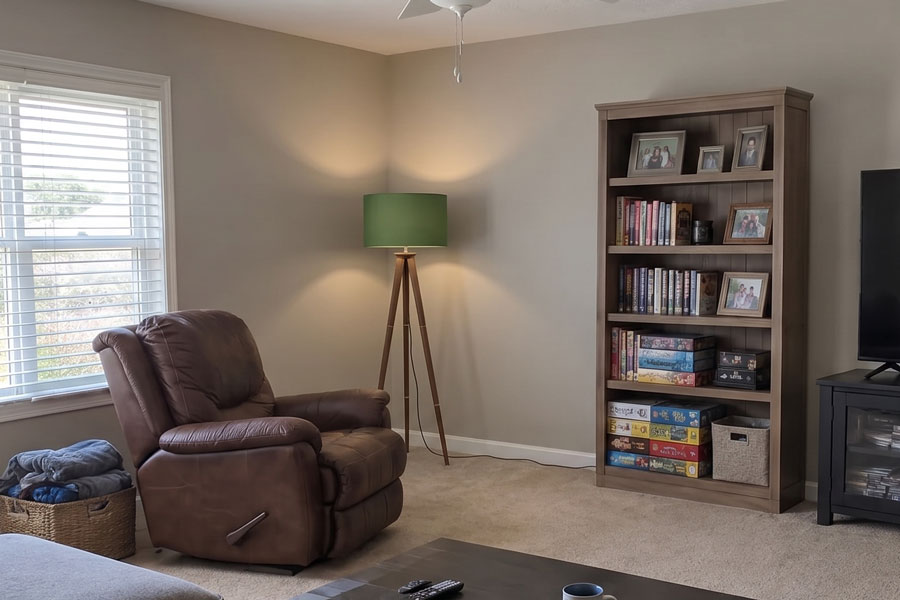 Lampadaire trépied en bois avec abat-jour vert visualisé dans le même coin du salon