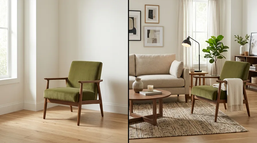 Same green lounge chair placed in an empty corner and in a furnished living room