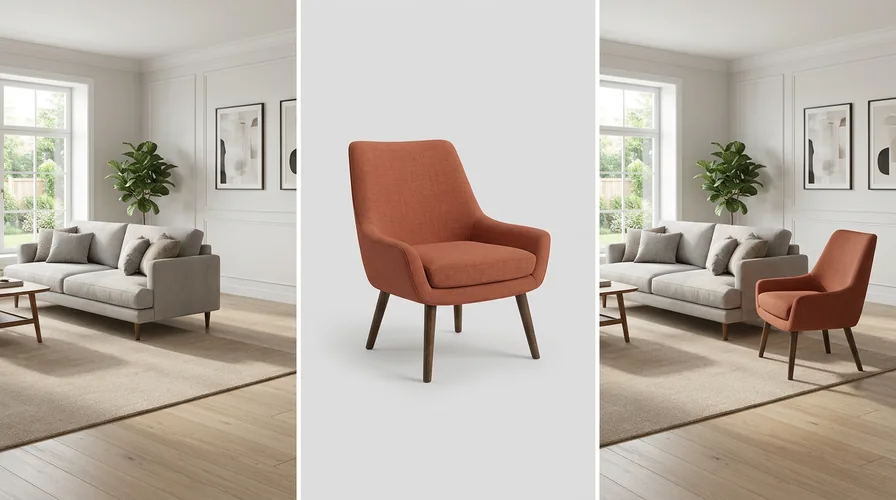 Original living room, terracotta accent chair product image, and chair placed in the room