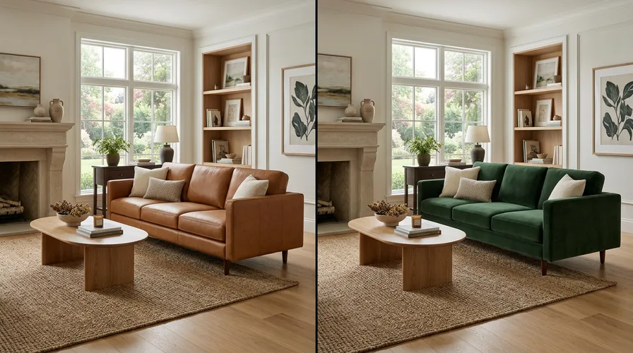Same living room shown with a caramel leather sofa and a green velvet sofa