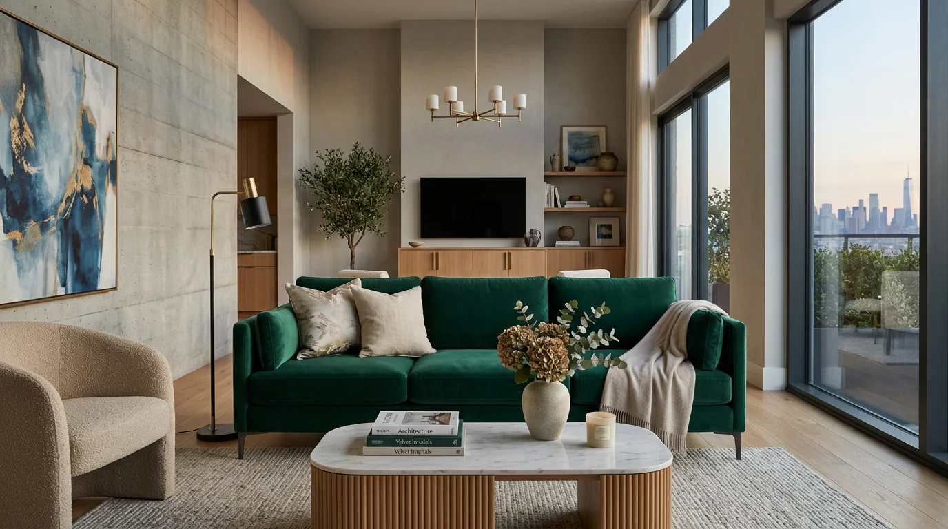 Living room with a green sofa shown as an example of AI furniture replacement