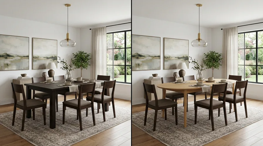 Before and after furnished dining room with a dark rectangular table replaced by a light oak oval table