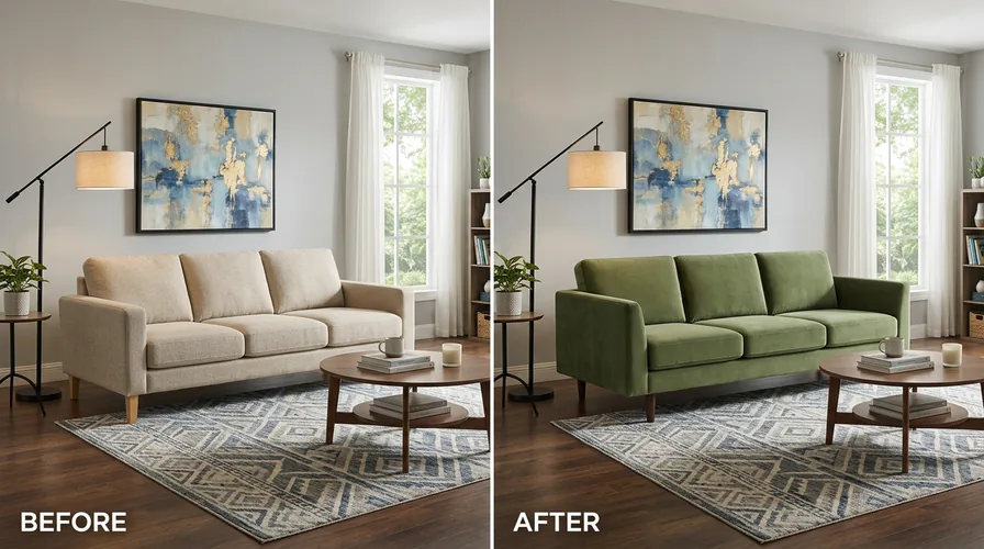 Furnished living room before and after replacing a beige sofa with a green sofa