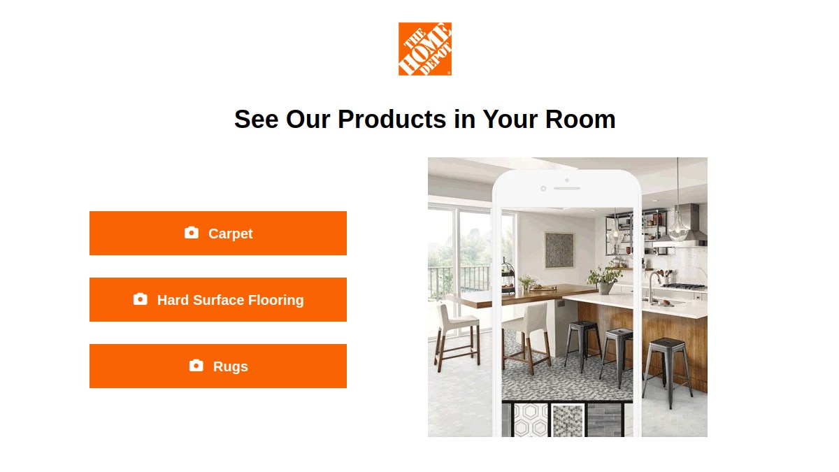 Home Depot Visualizer mit Optionen für Teppichboden, Hartboden und Teppiche
