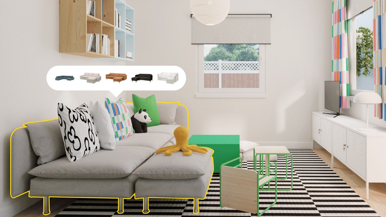 IKEA-Kreativ-Beispiel mit Möbeln und Teppich in einem digital geplanten Raum