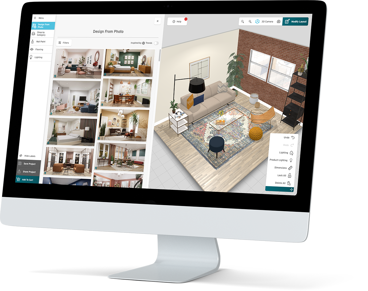 3D Cloud Room Planner mit Möbeln, Raumsteuerung und Produktauswahl