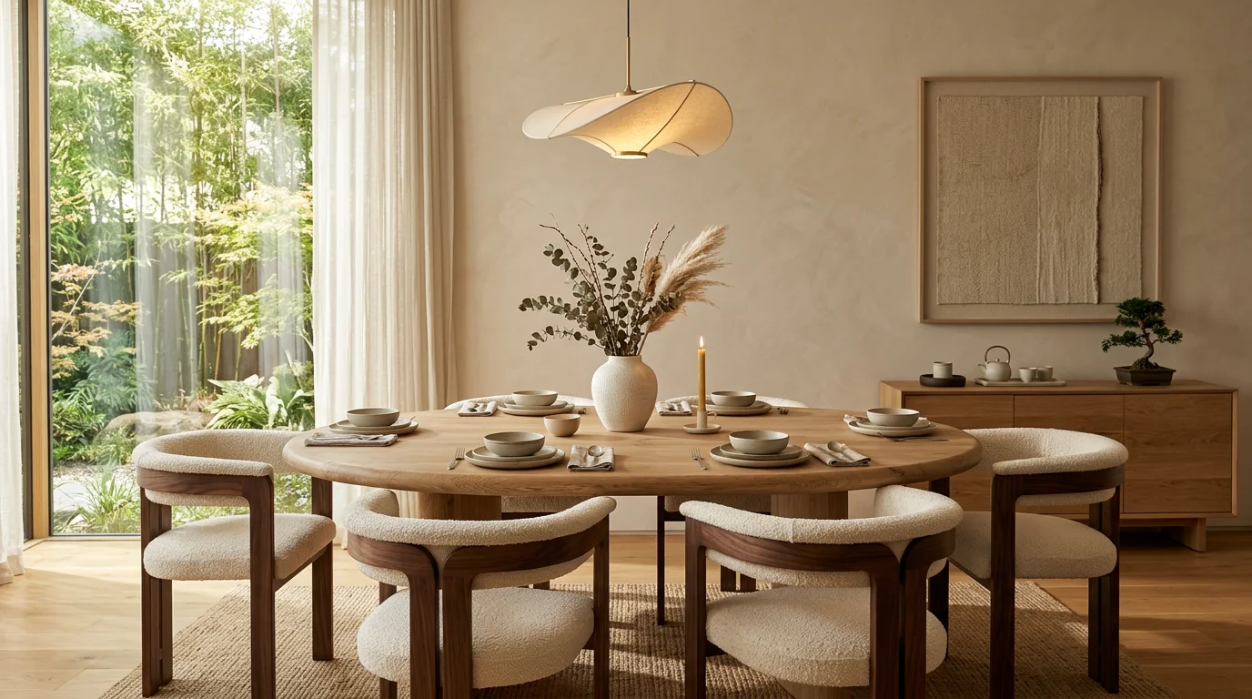 Salle à manger avec des meubles arrondis sobres et des matériaux naturels
