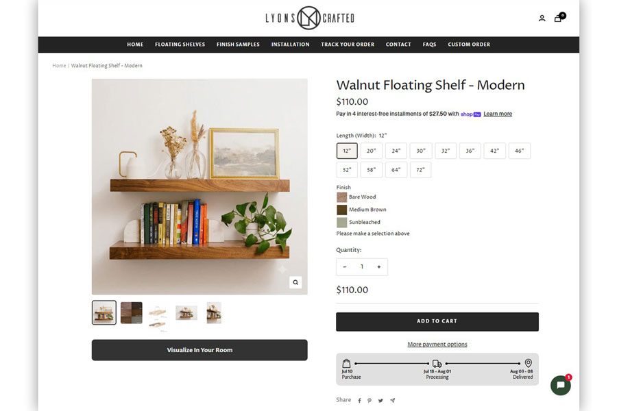 Lyons Crafted product page with the Visualize in Your Room button