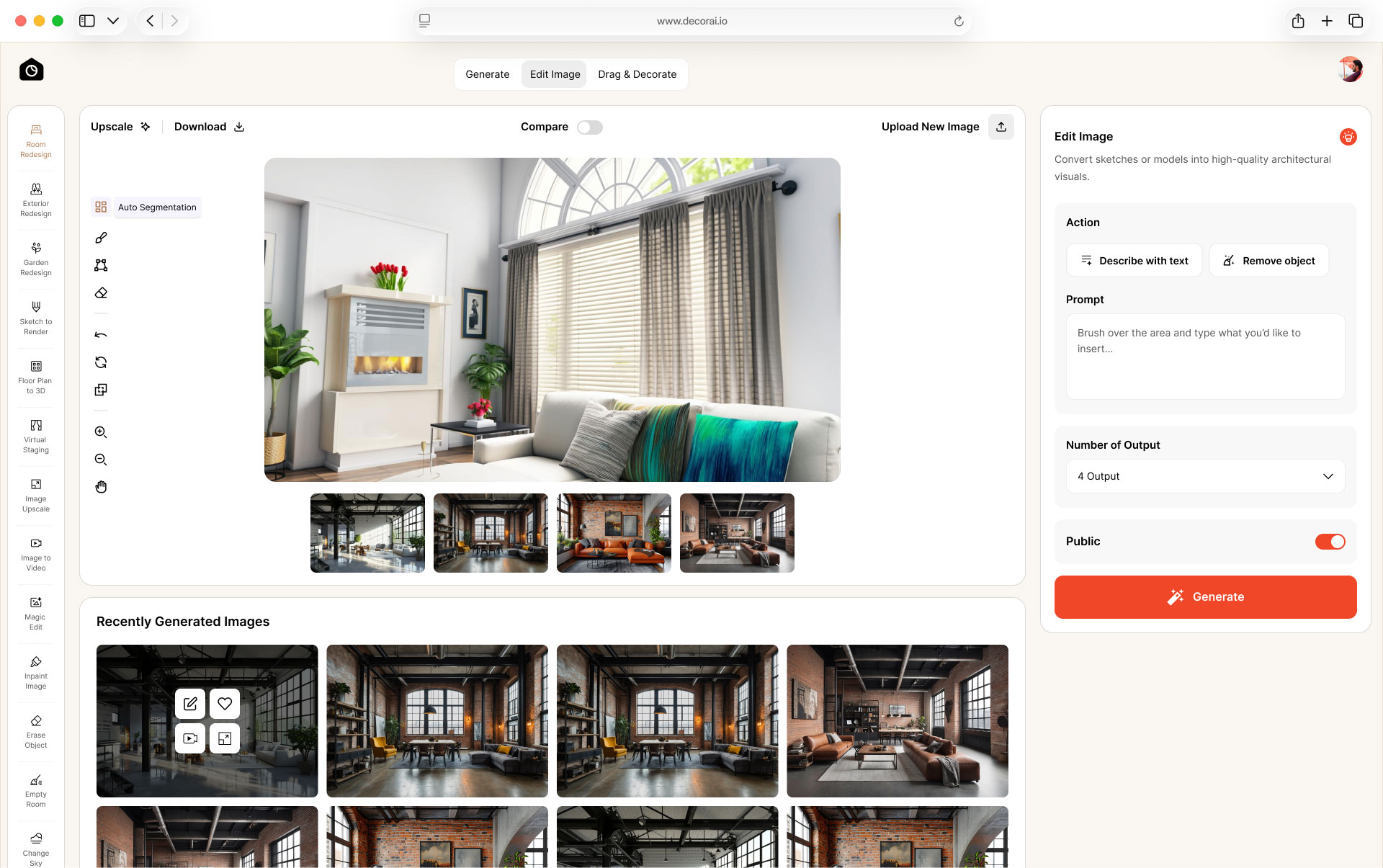 DecorAI app interface for AI-powered room design
