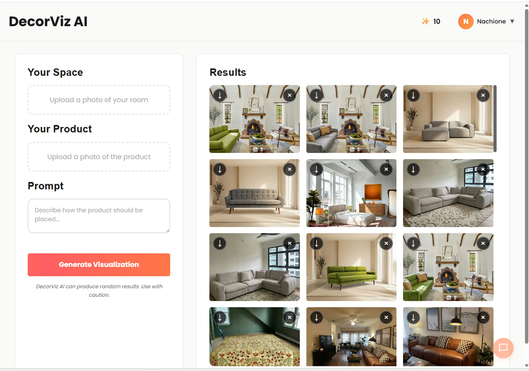 DecorViz AI app interface