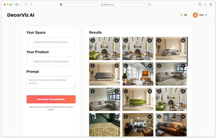 DecorViz furniture visualizer web app in a browser