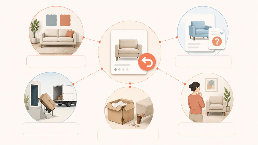 Furniture return reason map showing mismatch, missing information, delivery issues, damage, and changed mind
