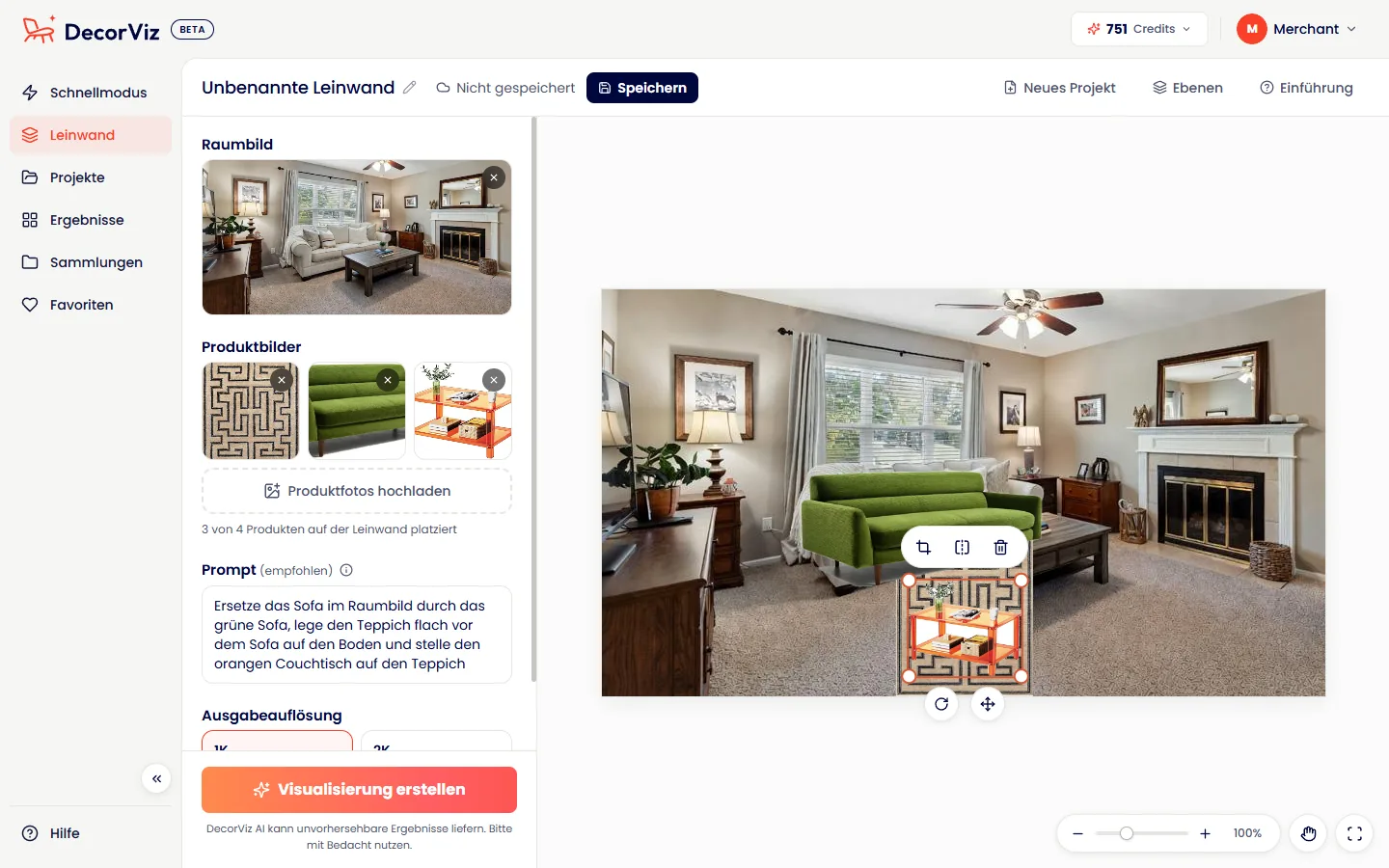 Die Leinwand in DecorViz: ein Wohnzimmerfoto mit einem grünen Sofa, einem gemusterten Teppich und einem orangefarbenen Couchtisch darauf, dazu ein Prompt für die ganze Szene