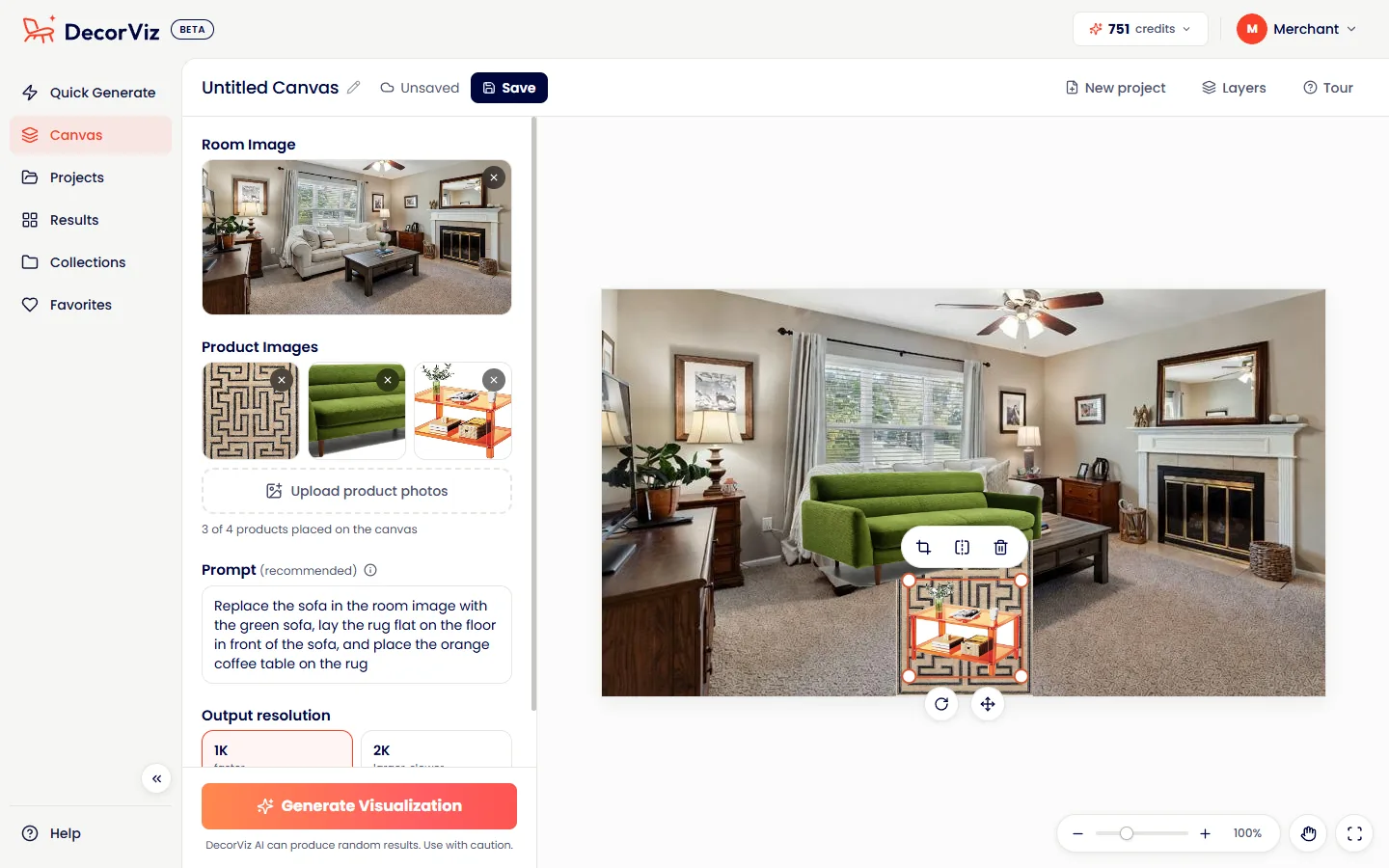 Canvas in DecorViz: a living room photo with a green sofa, a patterned rug and an orange coffee table placed on it, and one prompt describing the whole scene