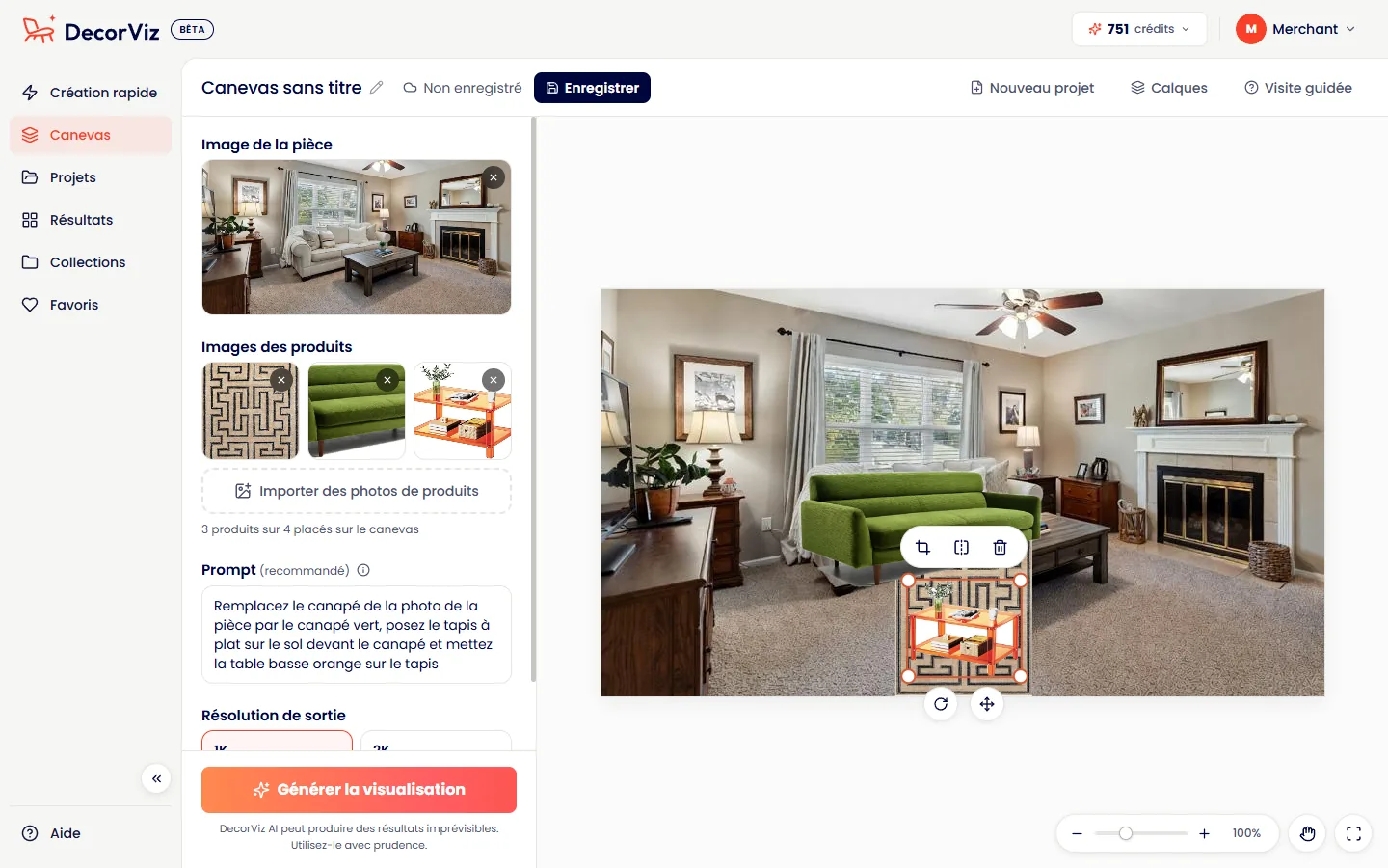 Le Canevas dans DecorViz : une photo de salon avec un canapé vert, un tapis à motifs et une table basse orange placés dessus, et un seul prompt qui décrit toute la scène