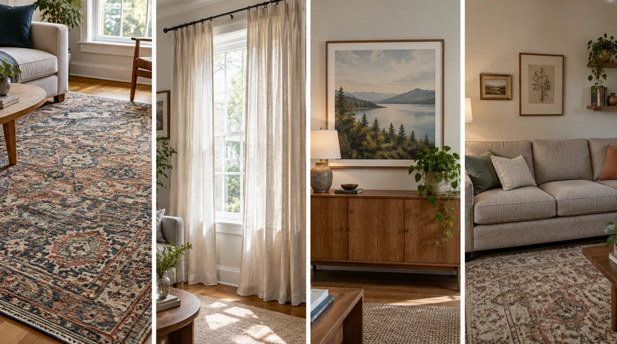 Four real rooms, each showing a different product category: a patterned rug, linen curtains, a framed print above a sideboard and a fabric sofa