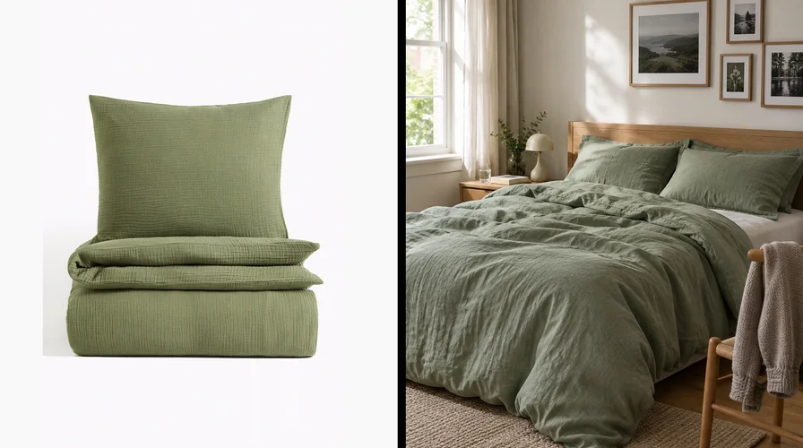 A sage green linen bedding set shown as a plain product listing photo, and the same bedding made up on the bed in a real bedroom