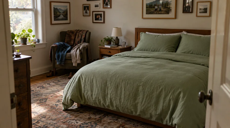 A lived-in bedroom seen from the doorway, with personal photos, a worn rug and a crisp new sage green bedding set on the bed