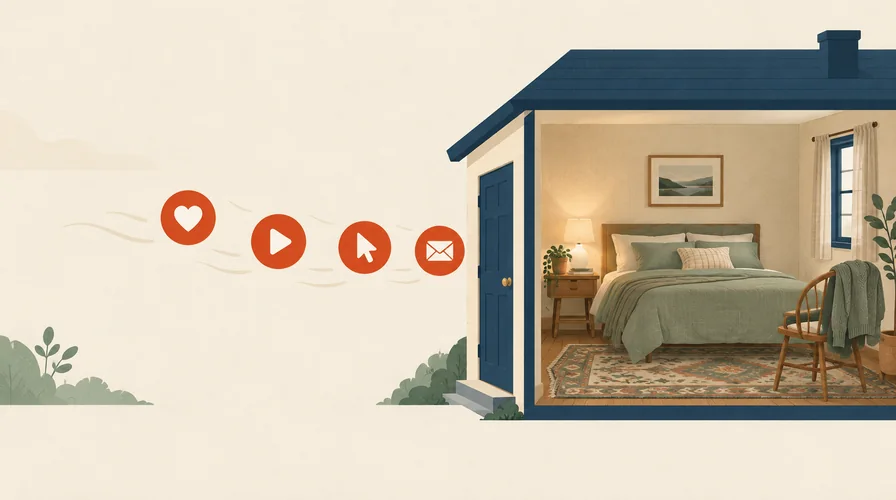 Illustration of a like, a play button, a cursor and an email icon drifting toward a closed front door, beside a cutaway of the house showing a cosy bedroom with sage green bedding