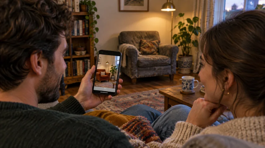 A couple on their living room sofa looking at a phone that shows their room with a new rust velvet armchair, while the old worn grey armchair still stands in that corner behind them