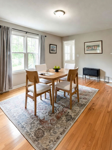 Table ronde visualisée dans une salle à manger avec un éclairage réaliste