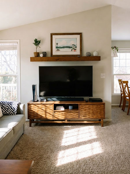 Console médias visualisée dans un salon avec éclairage réaliste