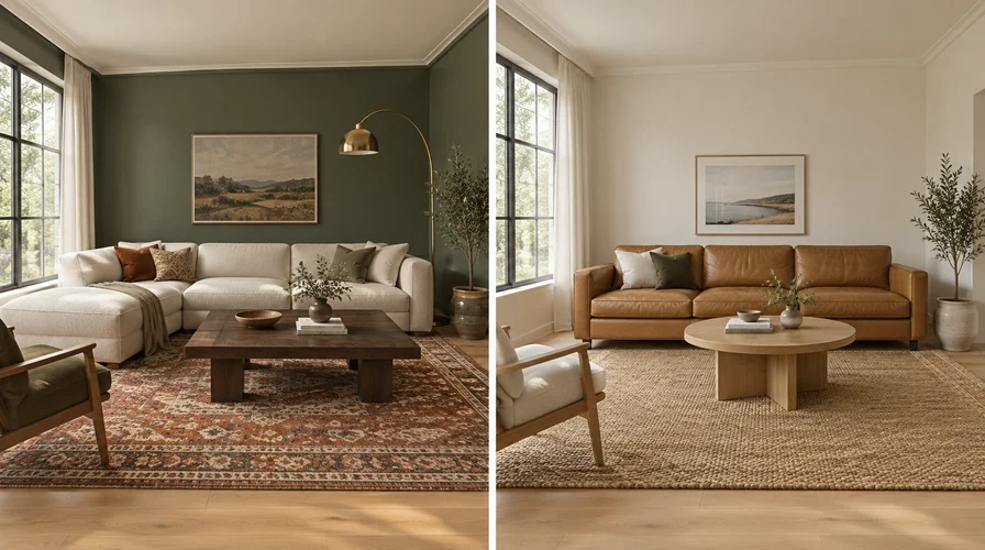 Le même salon montré en relooking IA complet puis avec un seul canapé remplacé par un vrai produit