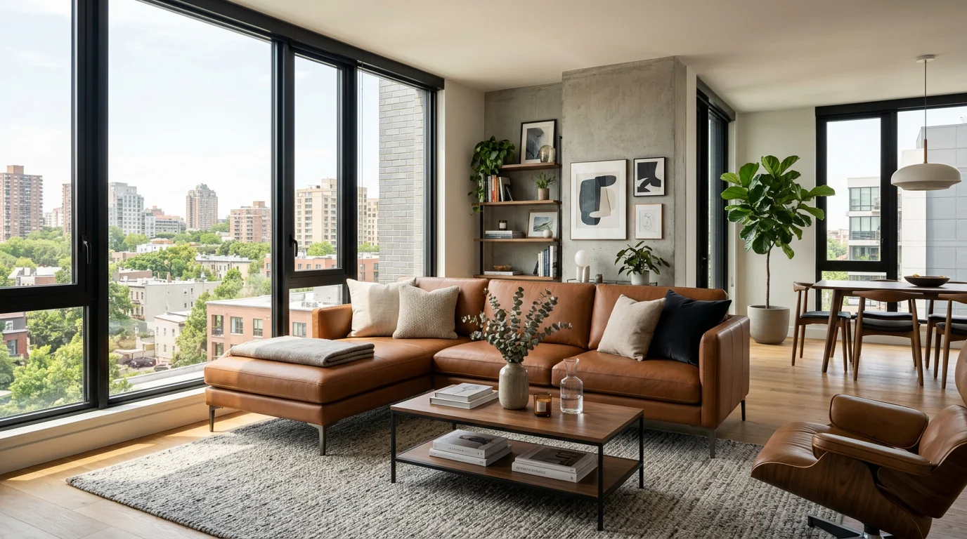 Leather sectional shown in a furnished living room for visual comparison
