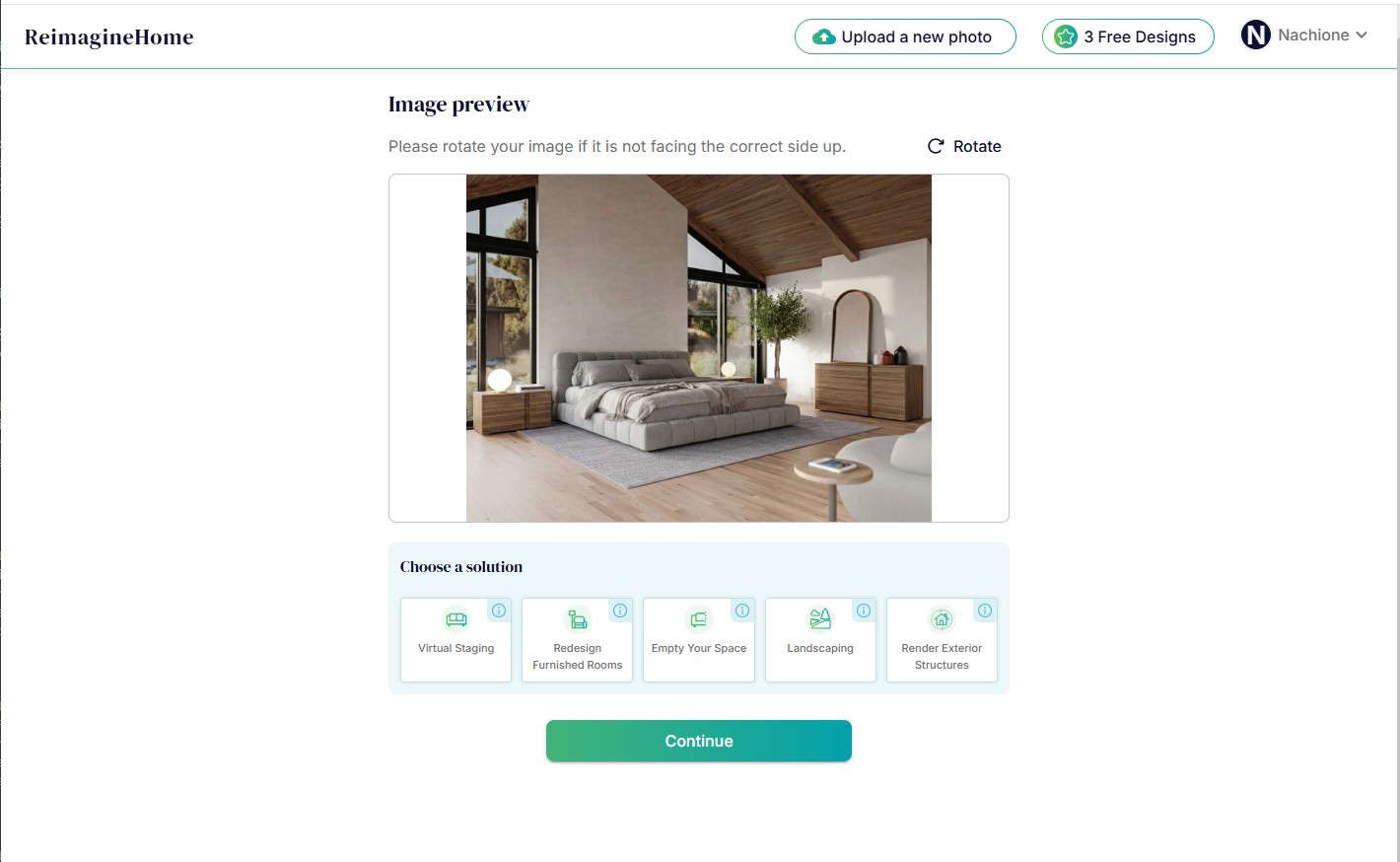 ReimagineHome app showing virtual staging, furnished-room redesign, empty-space, landscaping, and exterior rendering options