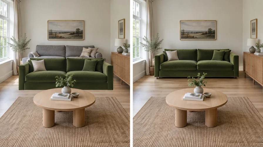 A retailer AR overlay with the old sofa still visible next to a photo preview of the same room with that sofa replaced